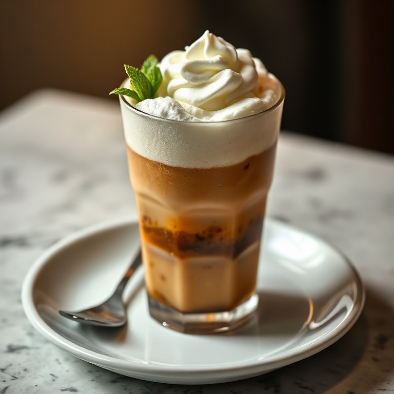 A perfect plated serving of midnight malibu dirty soda. The drink has a generous layer of creamy coconut cream on top. The glass is filled to the rim. Warm side lighting highlights the texture. A white ceramic glass is used. Photorealistic food photography. No text. No watermark.