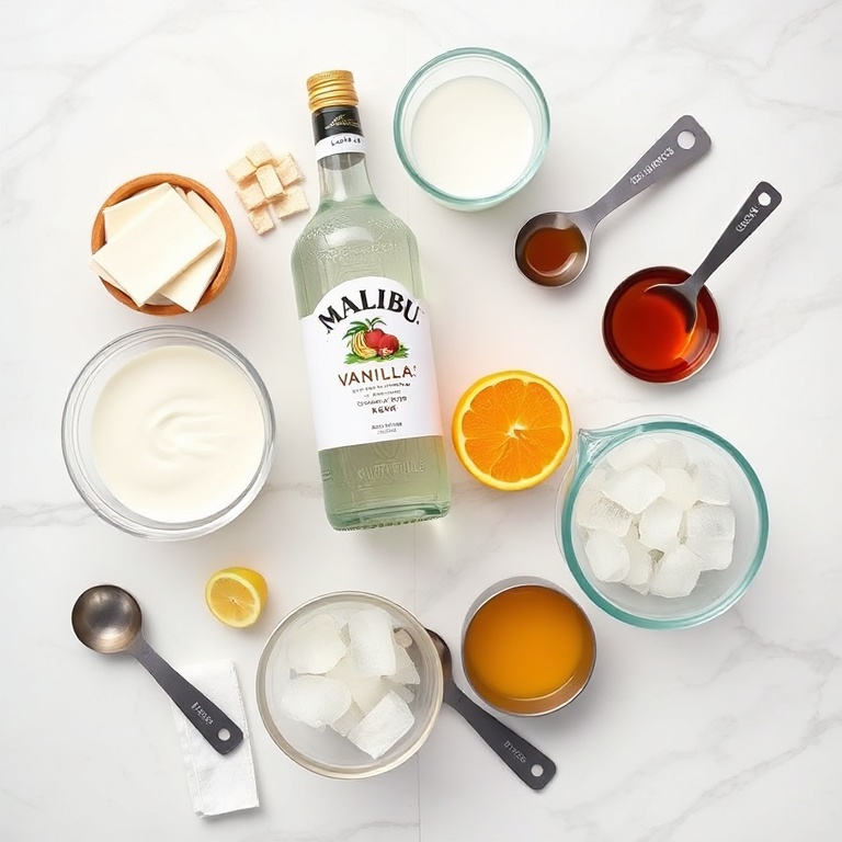 Overhead flat lay of all ingredients for midnight malibu dirty soda. The most visually prominent ingredients are coconut cream, vanilla soda, Malibu rum, orange juice, and ice. Prep bowls, measuring spoons, and cups are visible. White marble surface. Bright even light. Photorealistic food photography. No text. No watermark.
