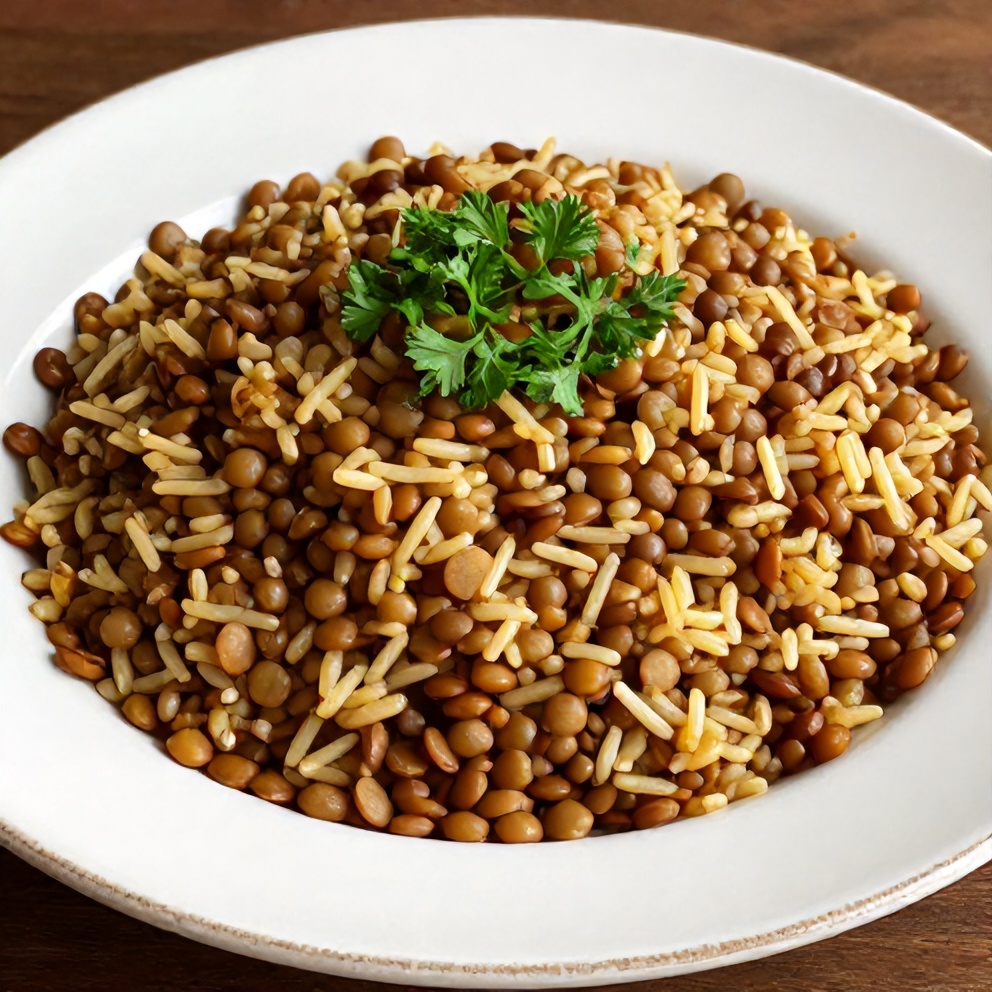 Plated mujadara with garnish of fresh parsley