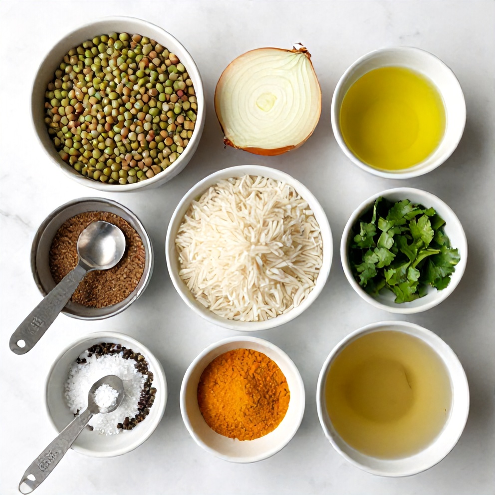 Ingredients for mujadara: lentils, rice, onions, spices