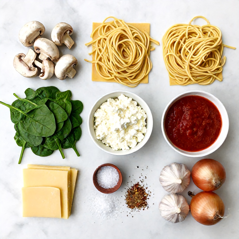 Raw Ingredients for Mushroom Spinach Lasagna