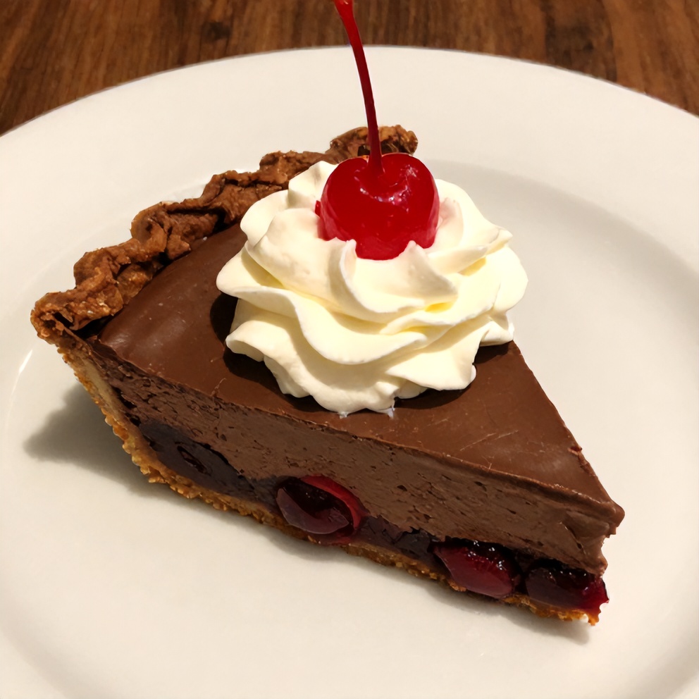 Sliced No-Bake Chocolate Cherry Cream Pie on a white plate