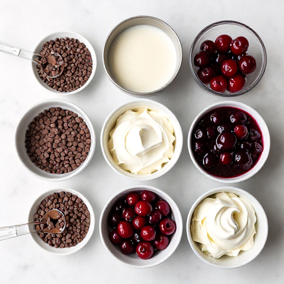 Raw ingredients for No-Bake Chocolate Cherry Cream Pie on a white marble surface