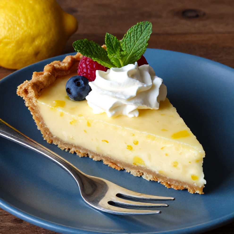 Sliced No Bake Lemon Pie on a blue plate with a fork