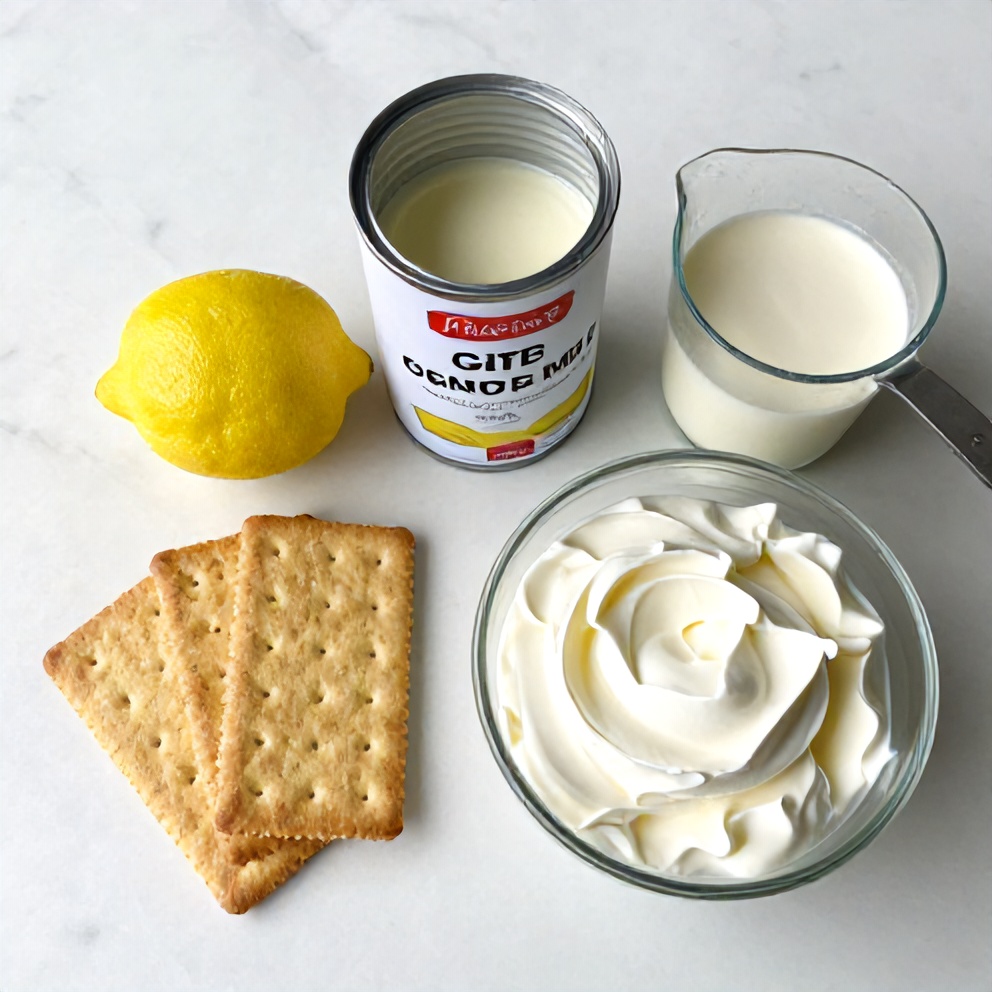Graham crackers, lemon filling ingredients, and whipped cream laid out on a marble counter