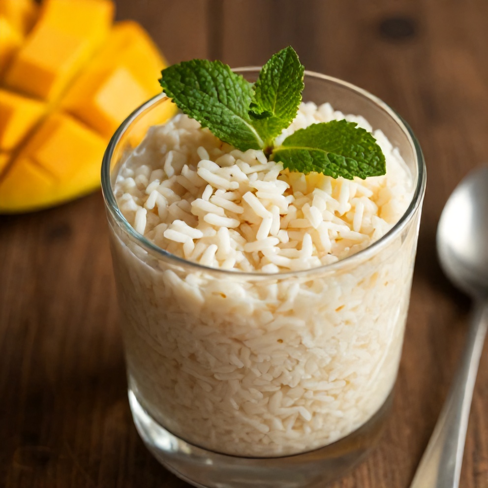 No-Bake Mango Coconut Rice Pudding served in a glass with a mint leaf garnish