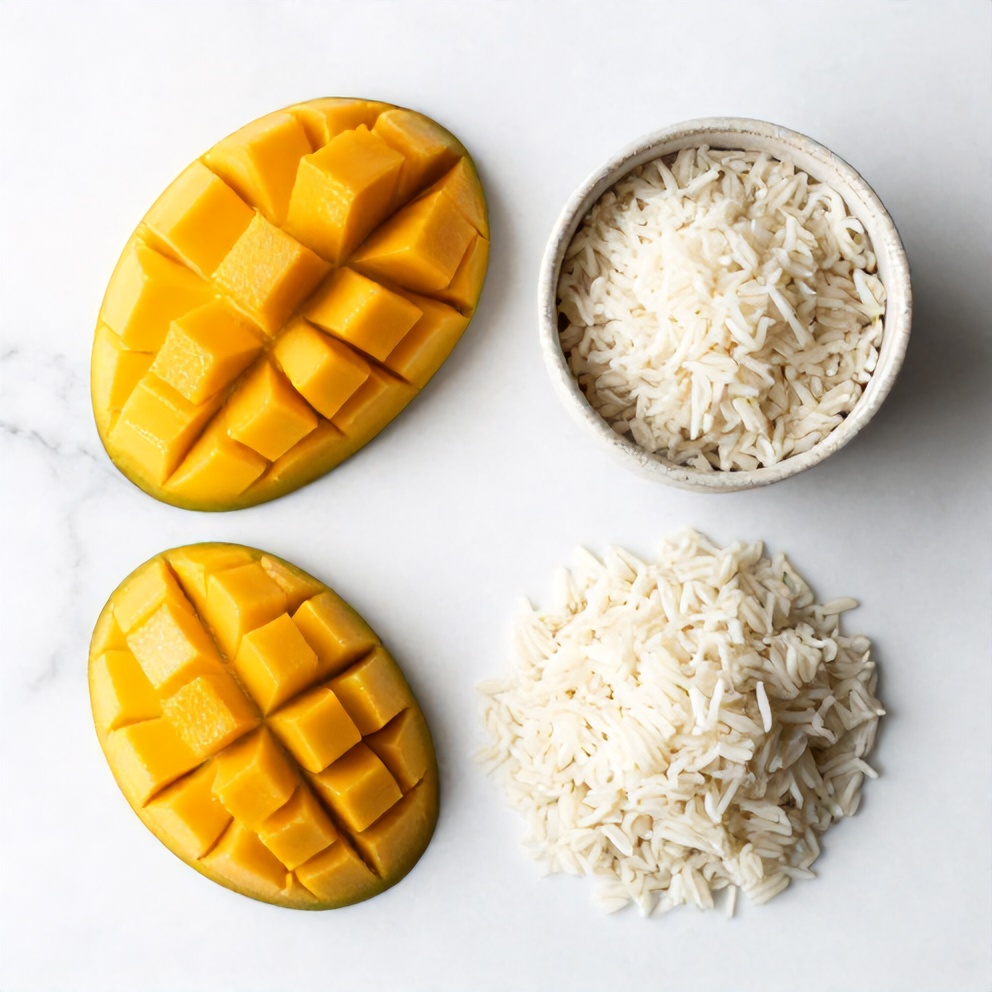 Raw ingredients for No-Bake Mango Coconut Rice Pudding on a marble surface