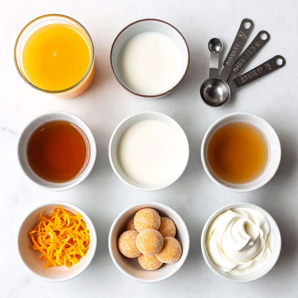 Ingredients for No Bake Orange Creamsicle Truffles laid out on a wooden surface