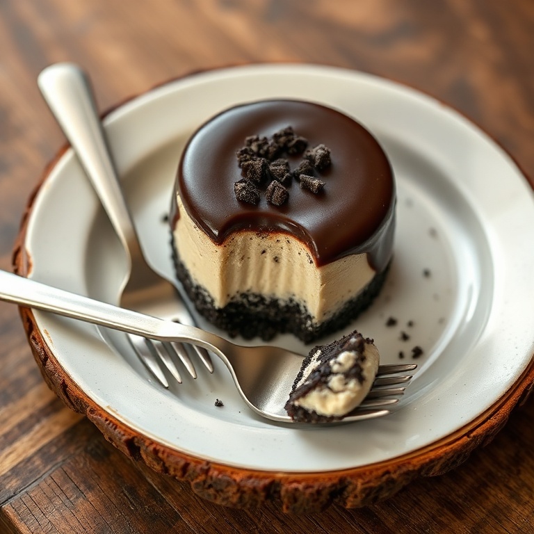 A single oreo cheesecake bite with a glossy chocolate coating, placed on a rustic wooden plate with a small fork beside it.