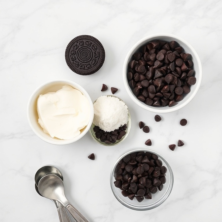 A flat lay of raw ingredients: Oreo cookies, cream cheese, powdered sugar, chocolate chips, and a mixing bowl with a spoon nearby on a white marble surface.
