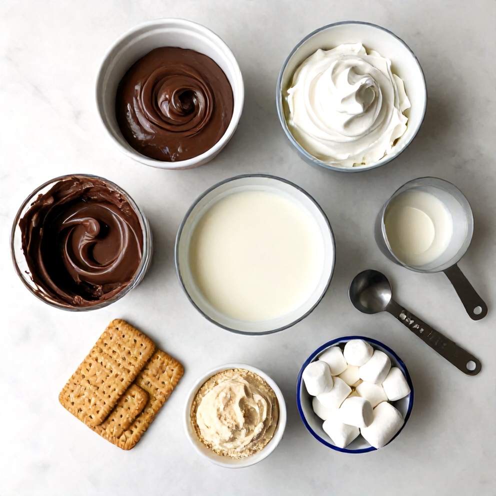 Raw Ingredients for No Bake S’mores Pudding Cups: Graham Crackers, Chocolate Pudding Mix, Milk, Marshmallows, and Cool Whip