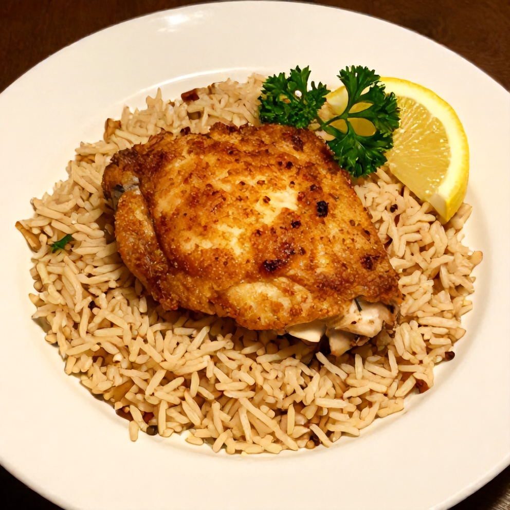 Plated One-Pan Lemon Chicken and Rice Dinner