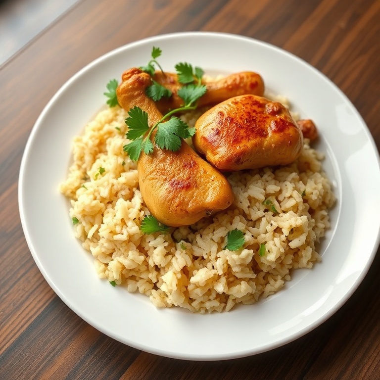 Perfectly plated one pot chicken shawarma rice with fresh cilantro. Warm side lighting highlights texture. White ceramic plate. No text or watermark.