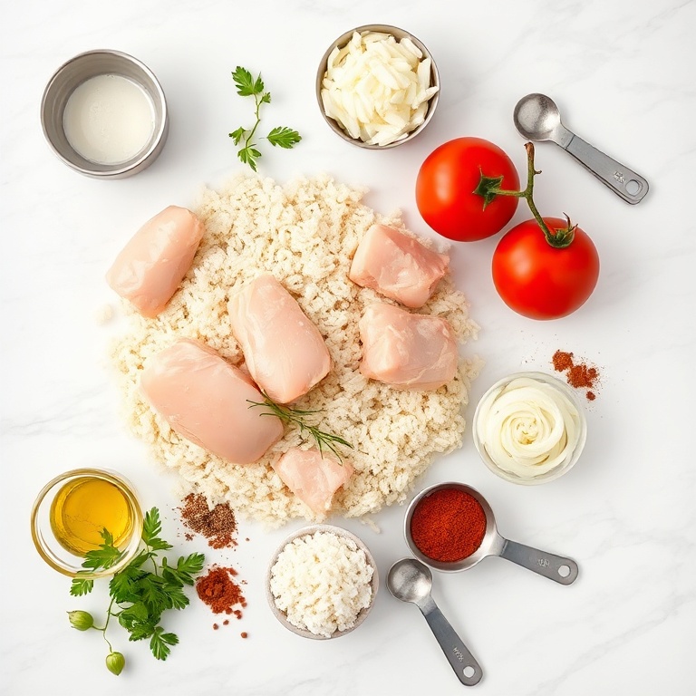 Overhead flat lay of chicken, rice, tomatoes, onions, and spices. Measuring cups and spoons visible. Bright natural light. White marble surface. No text or watermark.