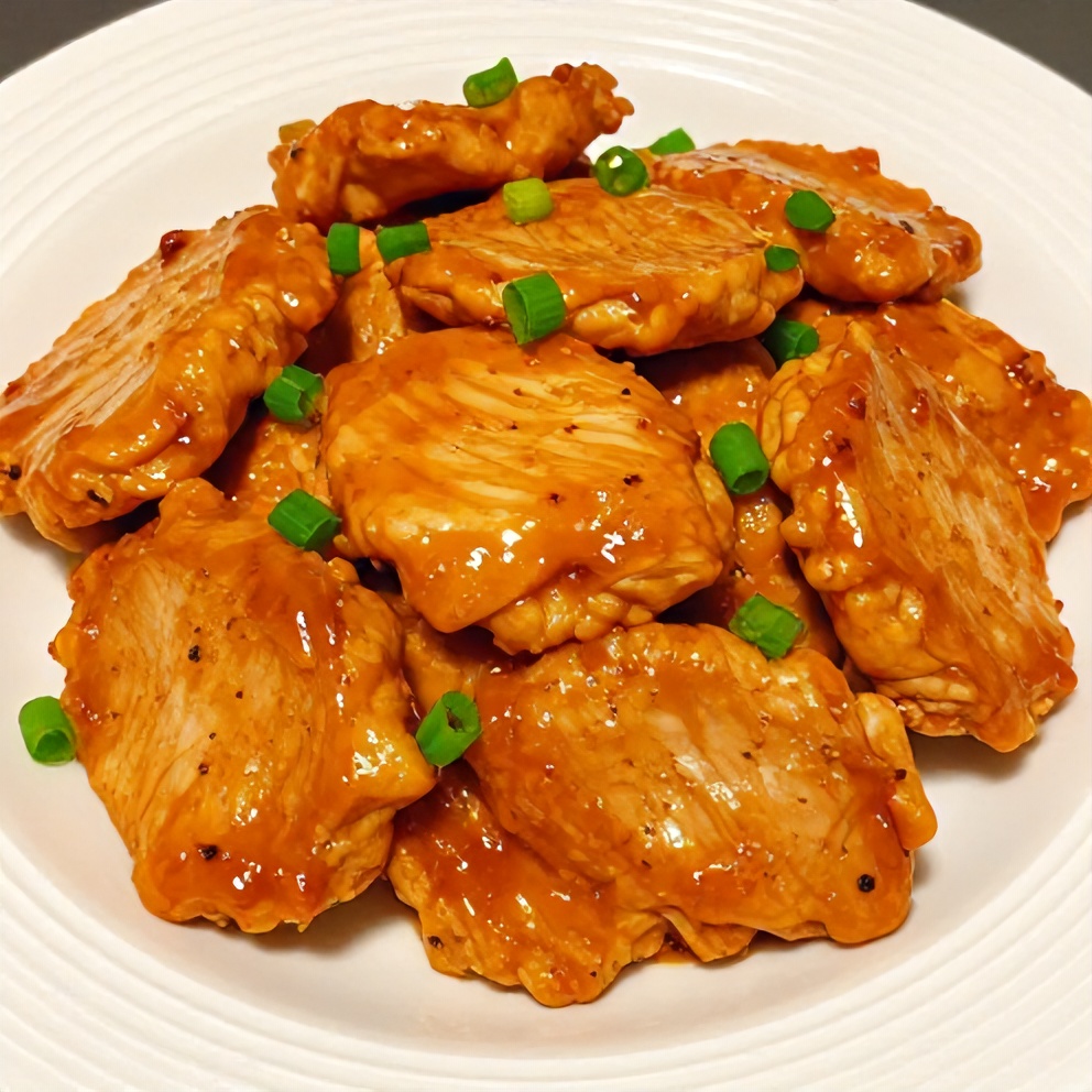 Plated orange teriyaki turkey medallions with green onions
