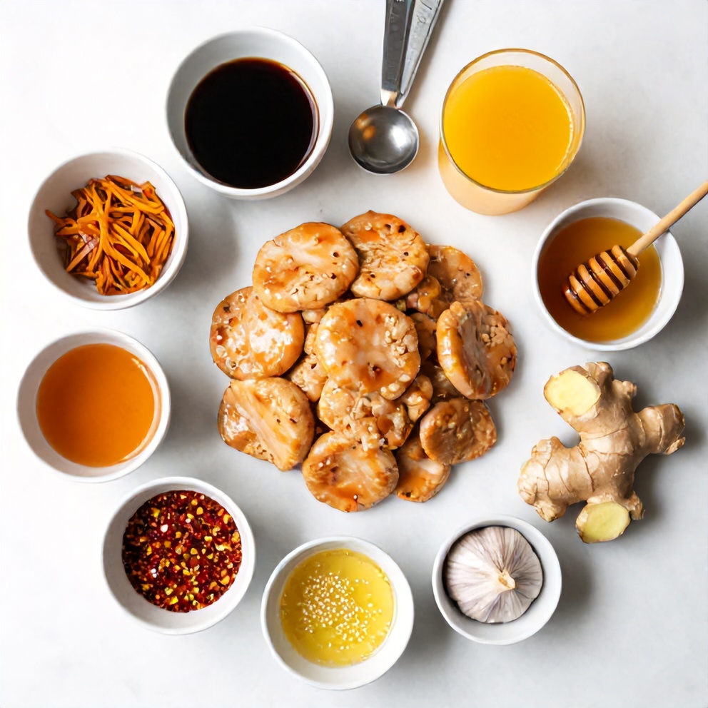 Raw ingredients for orange teriyaki turkey medallions on a marble surface