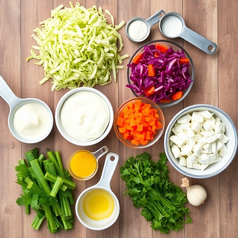 Raw vegetables and dressing ingredients