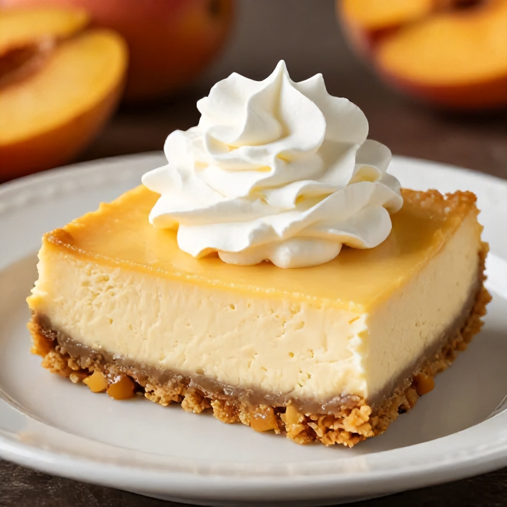 One serving of Peach Cobbler Cheesecake Bars on a plate