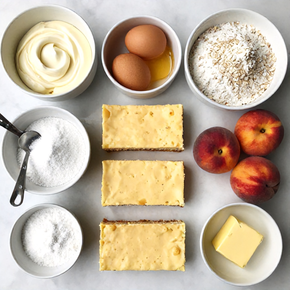 Raw ingredients for Peach Cobbler Cheesecake Bars