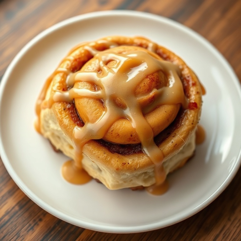 One perfect plated serving of peanut butter banana cinnamon rolls. Topped with a drizzle of glaze. Close crop. White ceramic plate. Warm side lighting highlighting texture. Photorealistic food photography style.