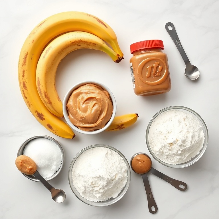 All raw ingredients for peanut butter banana cinnamon rolls arranged in an overhead flat lay. Bananas, peanut butter, cinnamon, flour, and sugar visible. Measuring spoons and cups nearby. White marble surface. Bright even light.