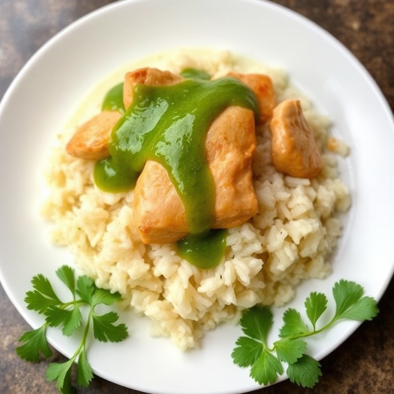 A single serving of chicken and rice with zesty green sauce. The sauce is drizzled on top. The dish is plated on a white plate with fresh cilantro点缀.