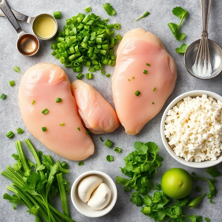 A flat lay of chicken breasts, white rice, green onions, cilantro, lime, and garlic. Measuring spoons and bowls are nearby. The ingredients are fresh and vibrant.