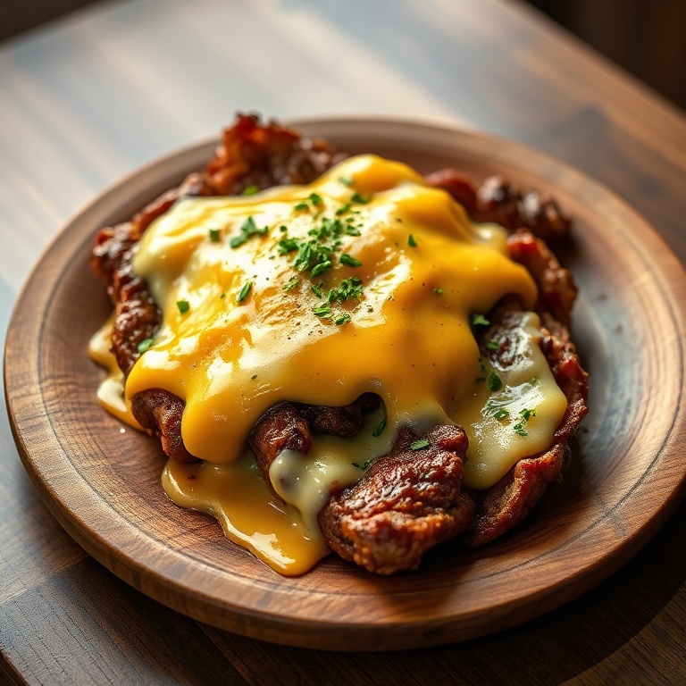 A perfectly plated philly cheesesteak on a wooden plate with crispy edges and melted cheese