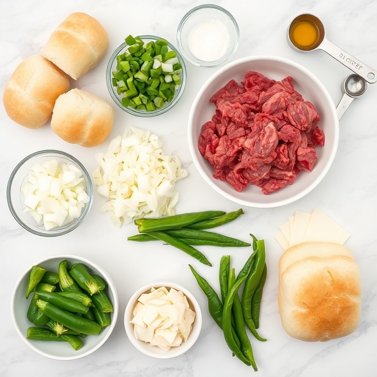 Raw beef, onions, green peppers, bread rolls, and cheese arranged in a flat lay for an easy philly cheesesteak