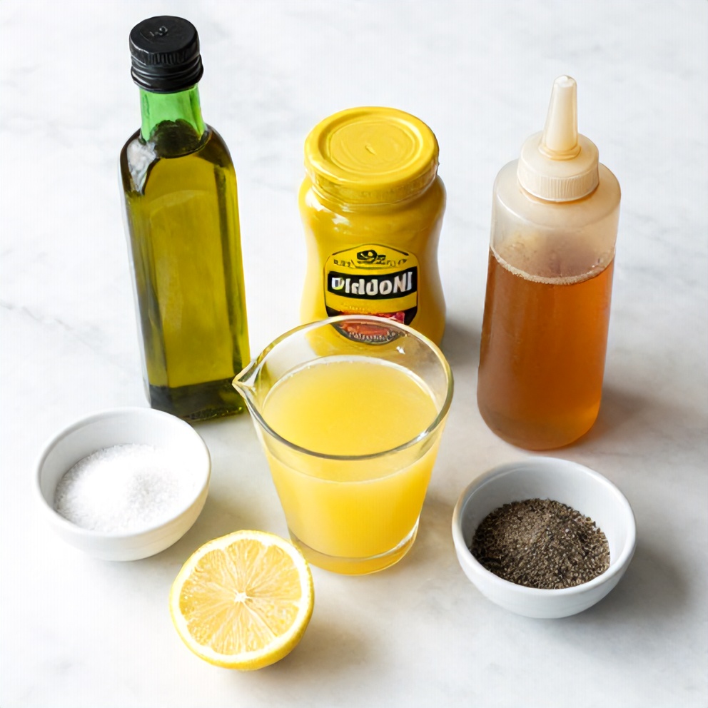 Lemon, olive oil, Dijon mustard, and honey arranged on a wooden board