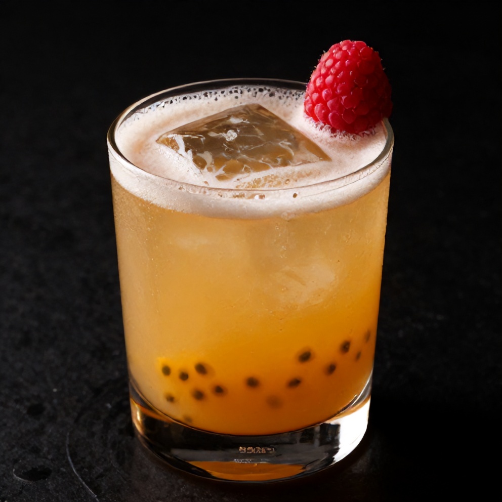 Raspberry Passionfruit Tequila Sour garnished with a raspberry