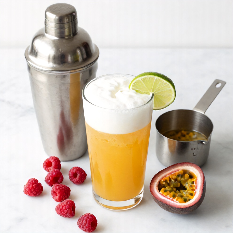 Raspberry, passionfruit, tequila, and other ingredients laid out