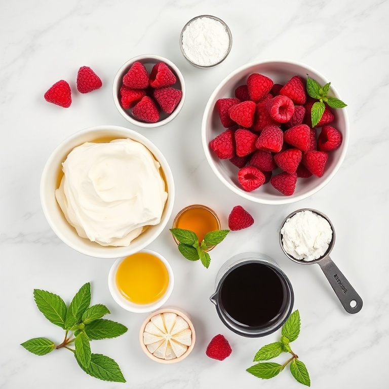 Raspberry tiramisu ingredients flat lay