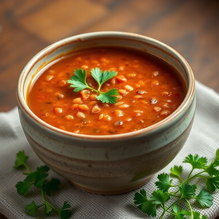 One perfect bowl of red lentil soup with a sprinkle of fresh parsley. Ceramic bowl with a rustic vibe. Warm side lighting showing texture.