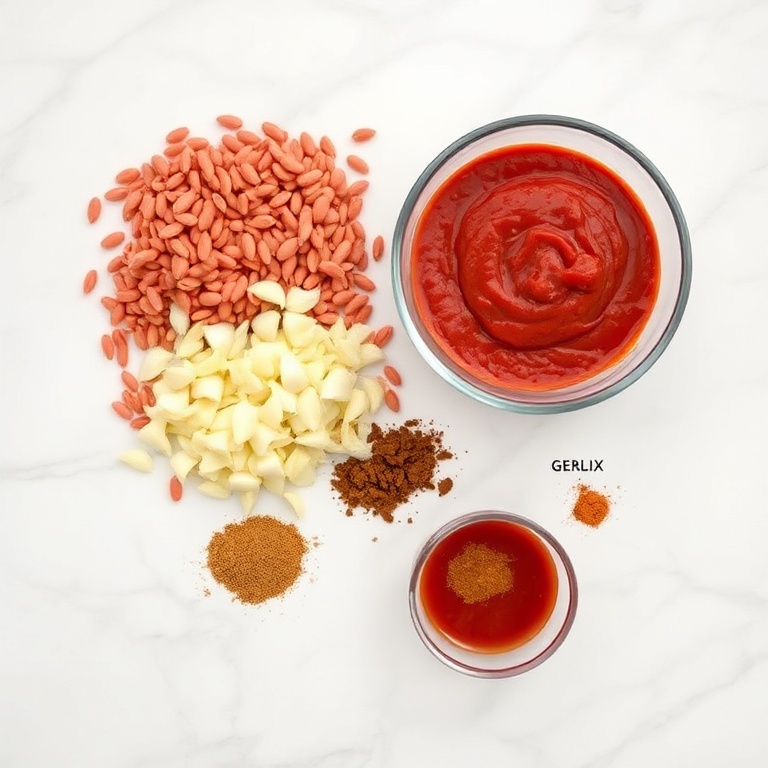 Overhead flat lay of split red lentils, onion, garlic, tomato paste, cumin, and coriander. Prep bowls and measuring cups visible. White marble surface. Bright even light.