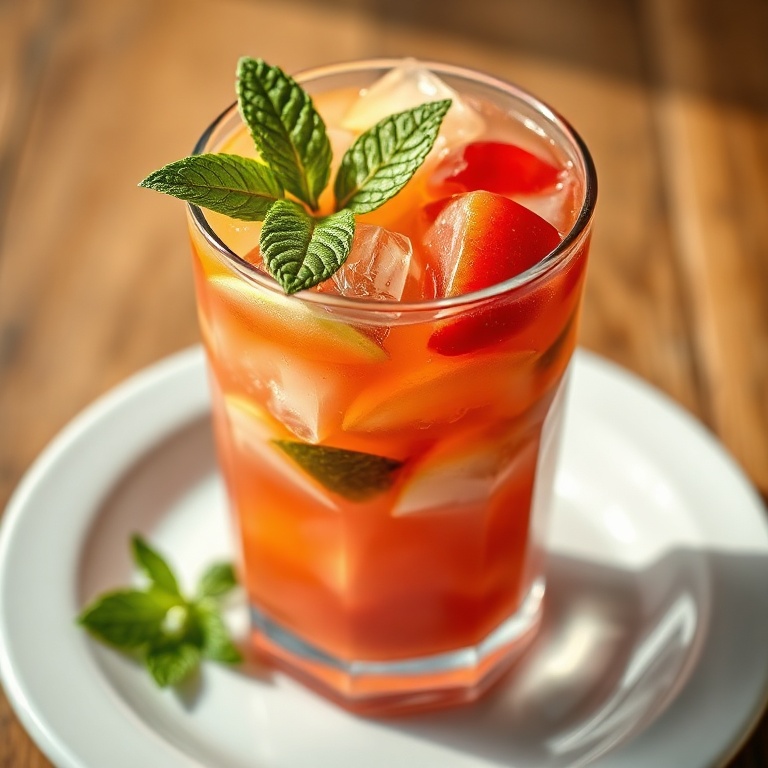A glass of fruit punch with ice, fresh fruit, and a mint leaf