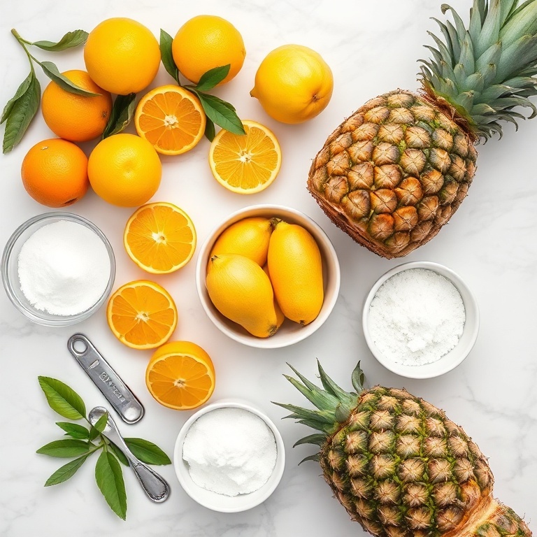 Fresh fruits, orange juice, lemon juice, sugar, and ice in a bowl
