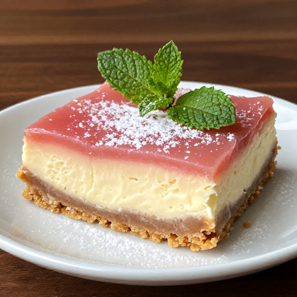 A single serving of rhubarb cream cheese bars on a small plate