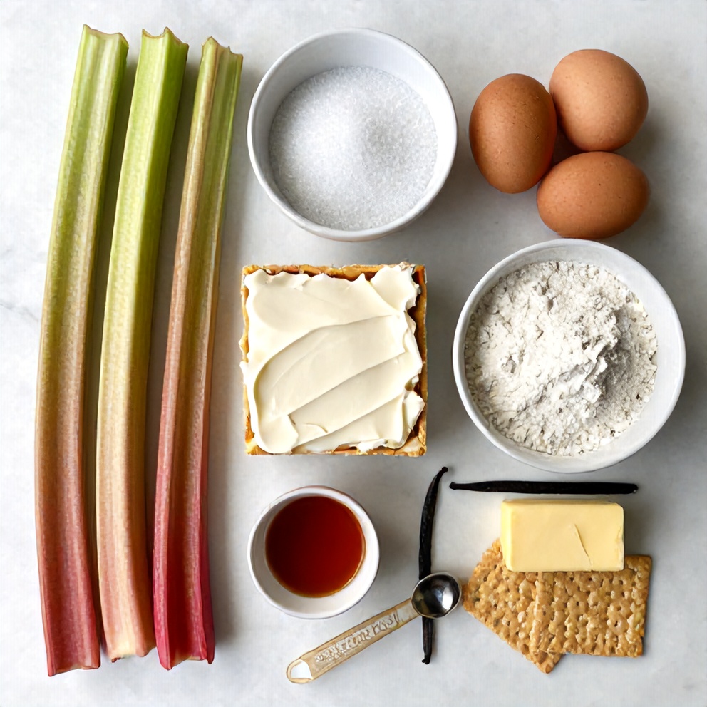 Rhubarb, cream cheese, sugar, eggs, flour, butter, vanilla extract arranged on a white marble surface