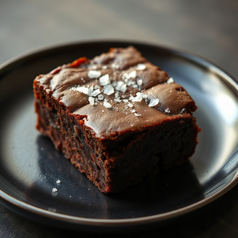 A single slice of brownies on a dark ceramic plate. Topped with a sprinkle of flaky sea salt. Close crop showing the dense texture and glossy shine.