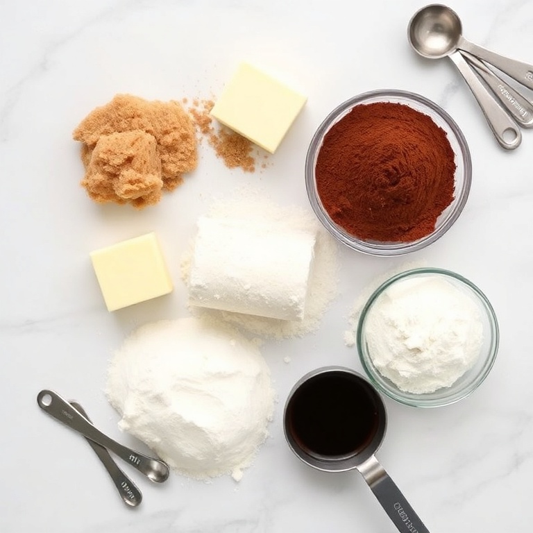 A flat lay of brown sugar, unsalted butter, all-purpose flour, cocoa powder, and soy sauce. Measuring spoons and cups nearby on a white marble surface.