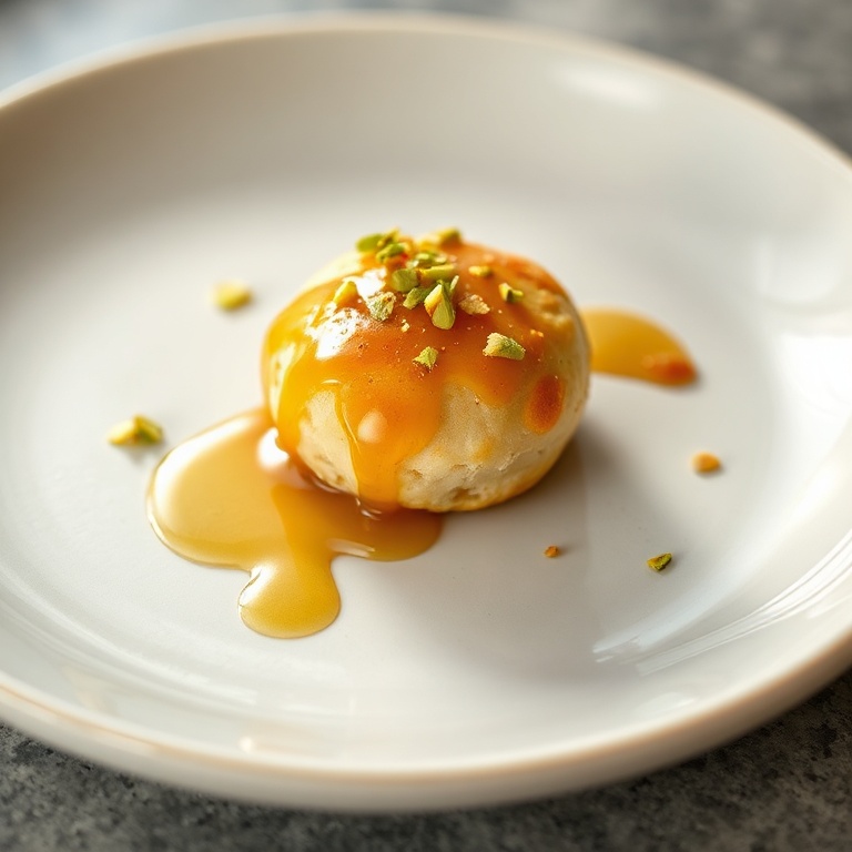 A single bite topped with pistachio dust on a rustic plate