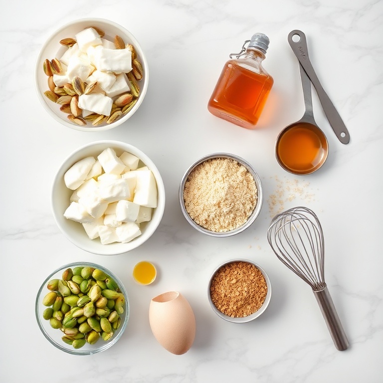Raw ricotta, pistachios, honey, bread crumbs and eggs laid out flat