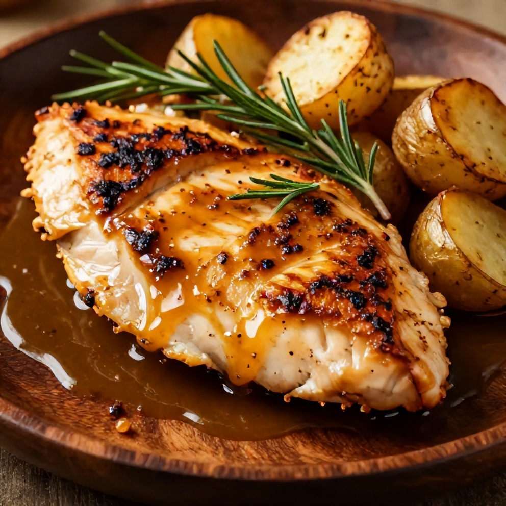Plated Rosemary Dijon Chicken Breast with roasted potatoes