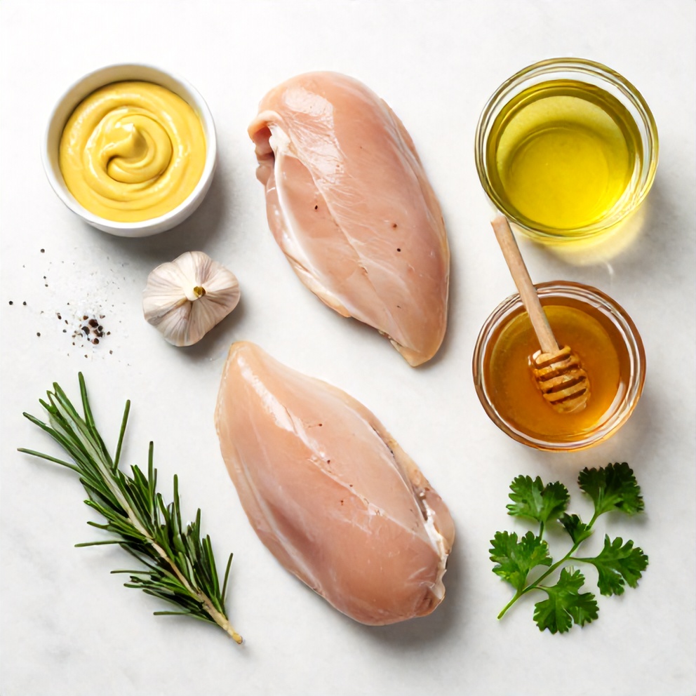 Rosemary, Dijon mustard, garlic, chicken breasts, and other ingredients laid out
