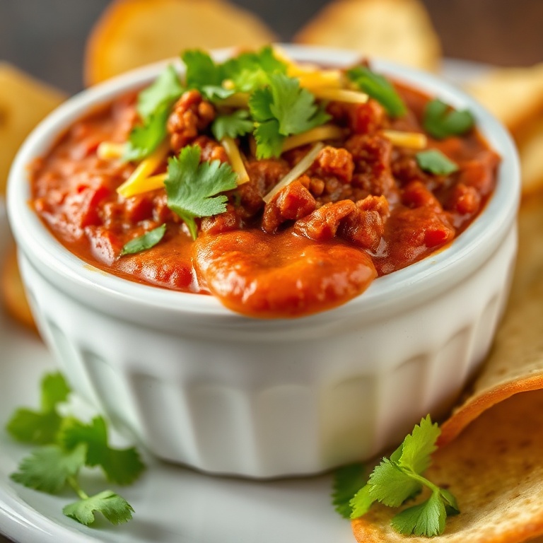 Plated Rotel Dip with ground beef, topped with cilantro and cheese. Close-up of a white ceramic bowl showing rich layers. Warm side lighting highlights texture.