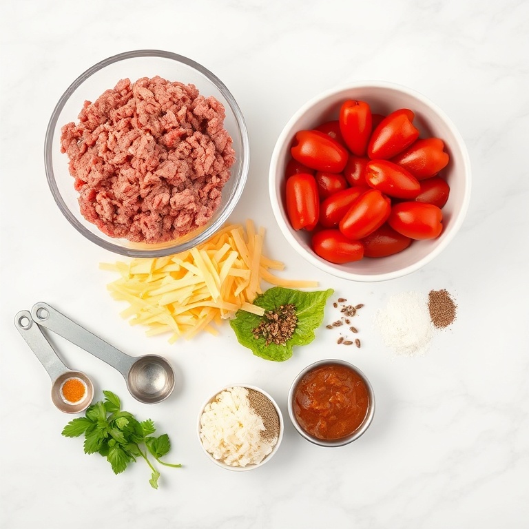 Raw ingredients for Rotel Dip: ground beef, Rotel tomatoes, cheese, onions, and seasonings. Measuring spoons and bowls visible. White marble surface with bright even light.