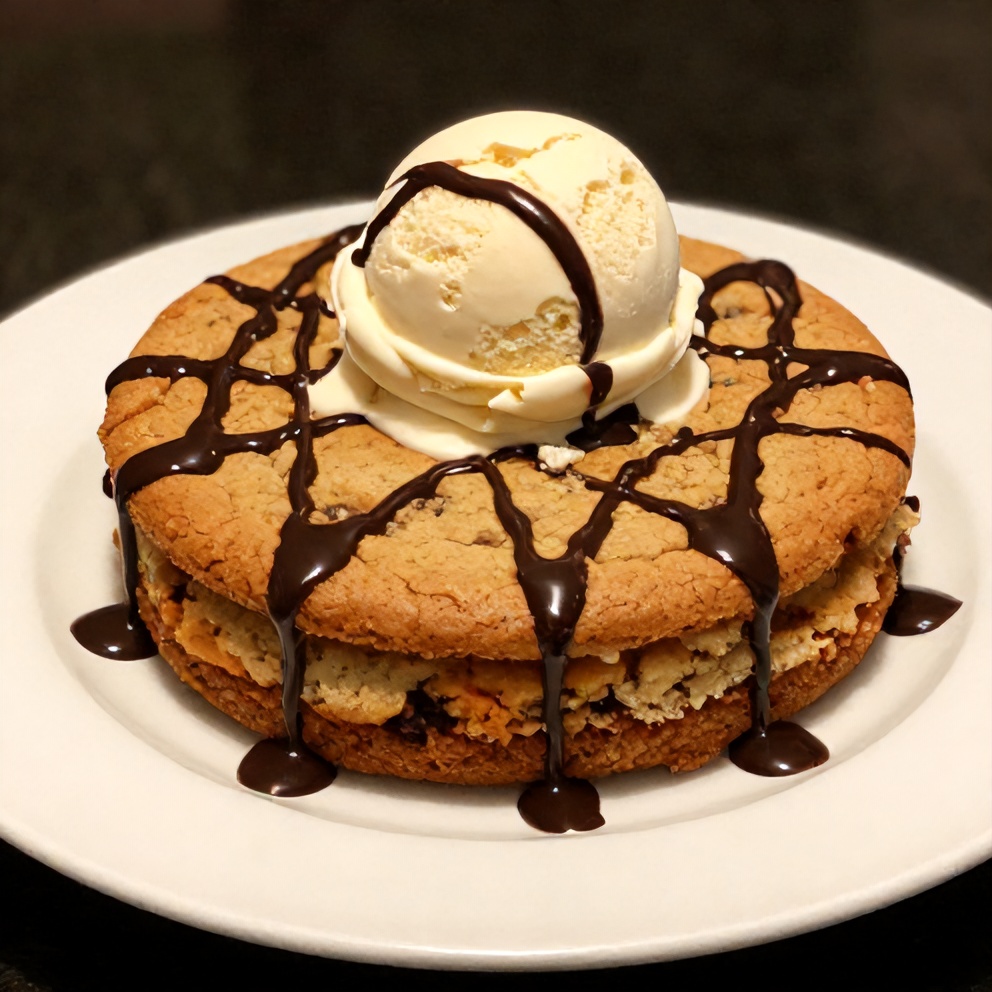 Sliced S'mores cookie cake on a plate with a scoop of vanilla ice cream