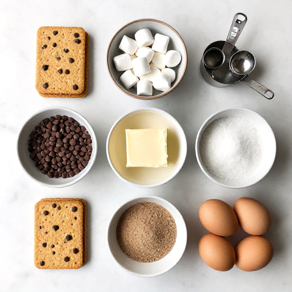 Graham crackers, chocolate chips, marshmallows, butter, sugar, and eggs arranged on a marble surface