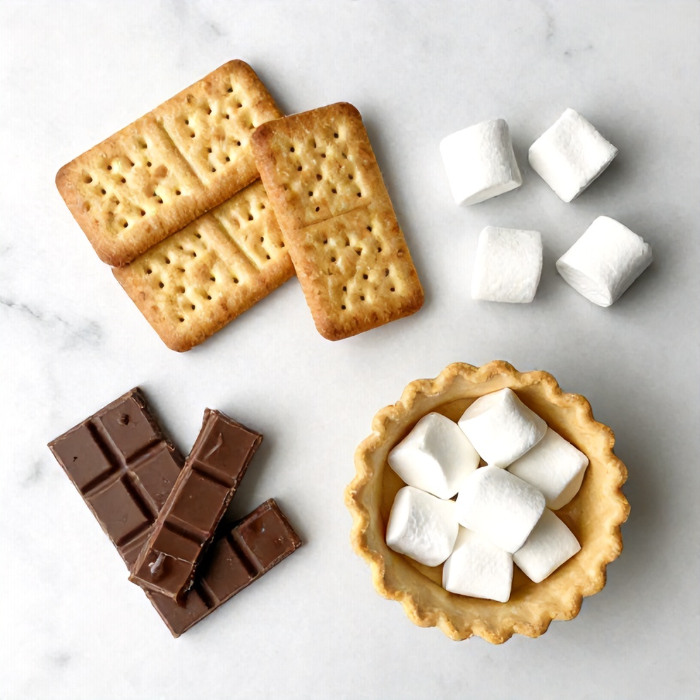 Graham crackers, chocolate bars, marshmallows, and pie crust on a marble surface
